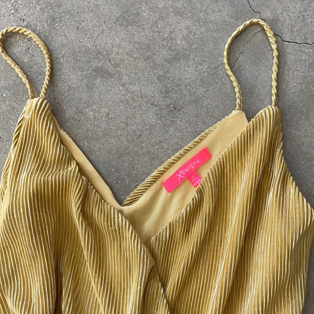 Yellow Pleated Metallic Maxi Wrap Split Dress - image 2